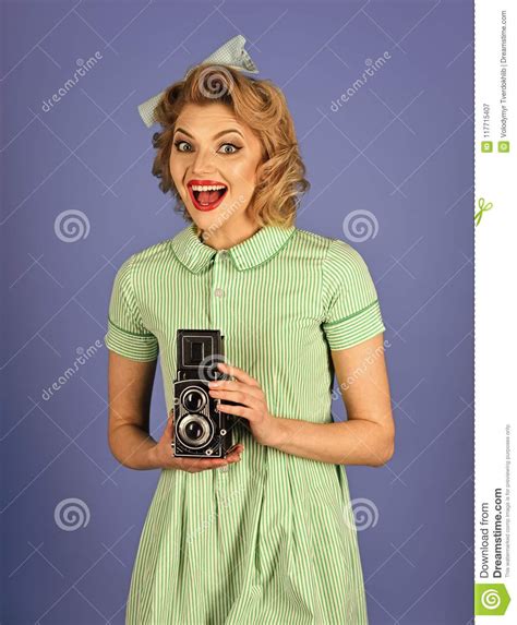 Happy Woman Girl With Vintage Photo Camera Stock Image