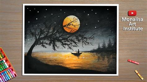 beautiful easy moonlight scenery drawing  beginners  oil pastel
