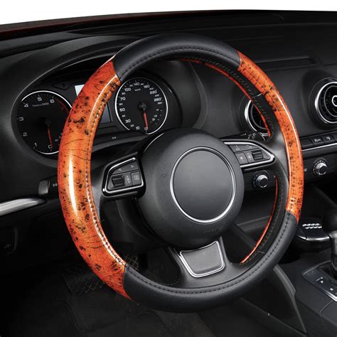 pu leather black wood grain car steering wheel cover