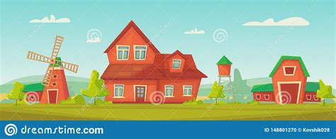 Agriculture Farm Rural Landscape With Red Barn House And