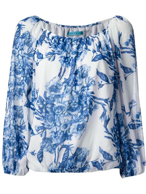 lyst alice olivia floral print blouse in blue
