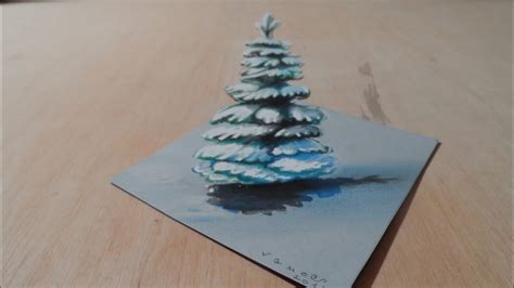 drawing christmas tree   draw  snowy pine illusion  trick art youtube
