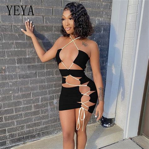 yeya sexy hollow out bandage lace up drawstring halter mini dresses for