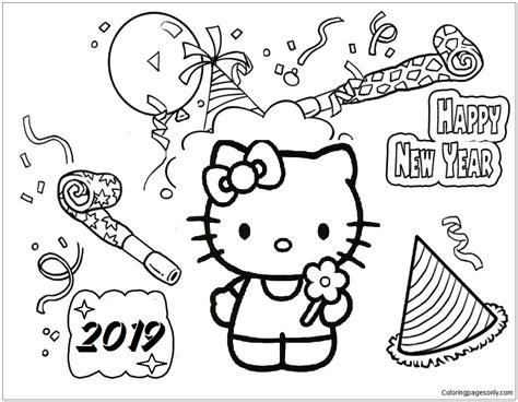 kitty happy  year  coloring pages cartoons coloring