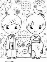 Japanese Girl Coloring Pages Kimono Boy Kids Printable sketch template