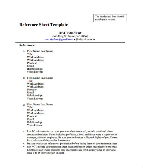 reference sheet template   word  documents