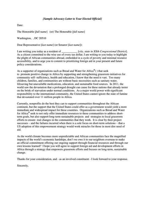 sample advocacy letter   elected official printable