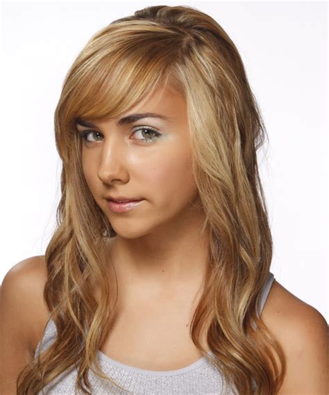 Long Wavy Light Blonde Hairstyle With Side Swept Bangs
