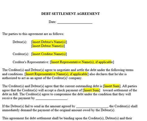 debt settlement agreement template etsy