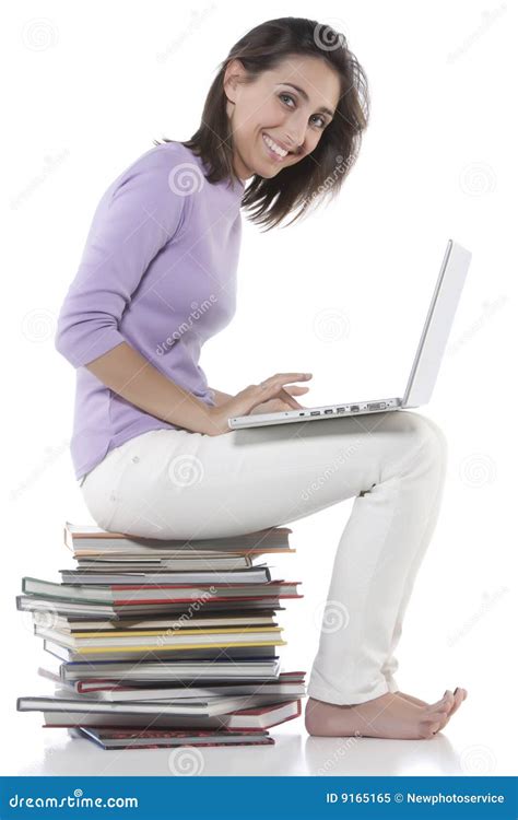 woman sitting  stack  books royalty  stock photo image