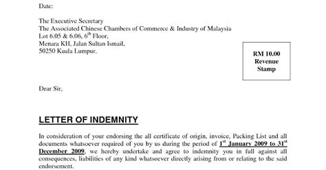 letter  indemnification template resume letter