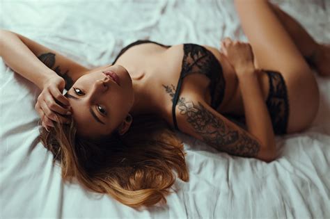 wallpaper women black lingerie tanned in bed ass tattoo