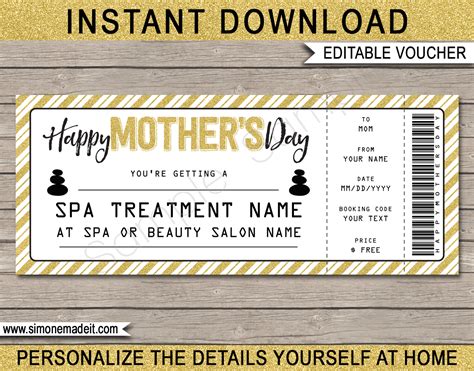 printable mothers day spa voucher template spa gift certificate
