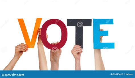 people hands holding colorful straight word vote stock photo image