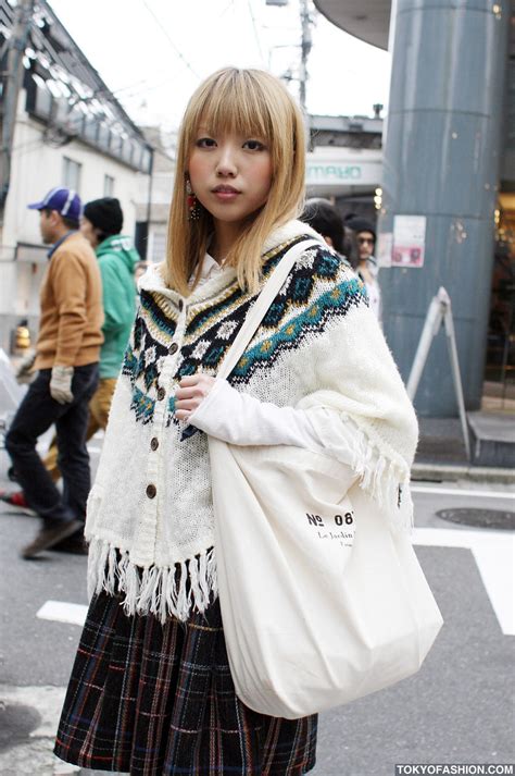 blonde japanese girl in argyle socks and knit parka tokyo