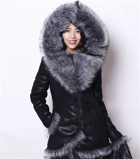 womens jacket hooded suede fur coats short winter leather coat faux fox fur  size xl xl