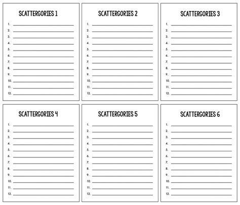blank scattergories answer sheets printable scattergories lists