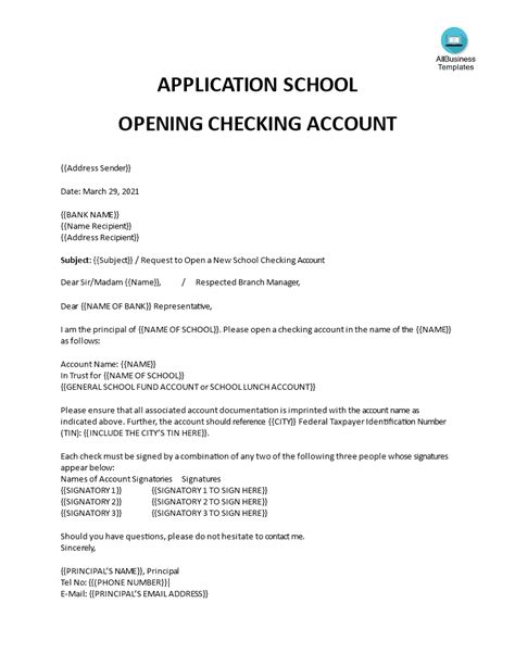 bank account application letter format templates  allbusinesstemplatescom