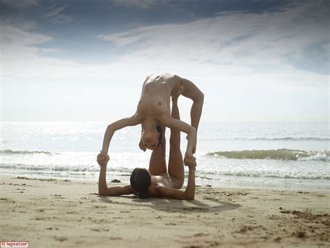 beachside yoga with two naked european honeys