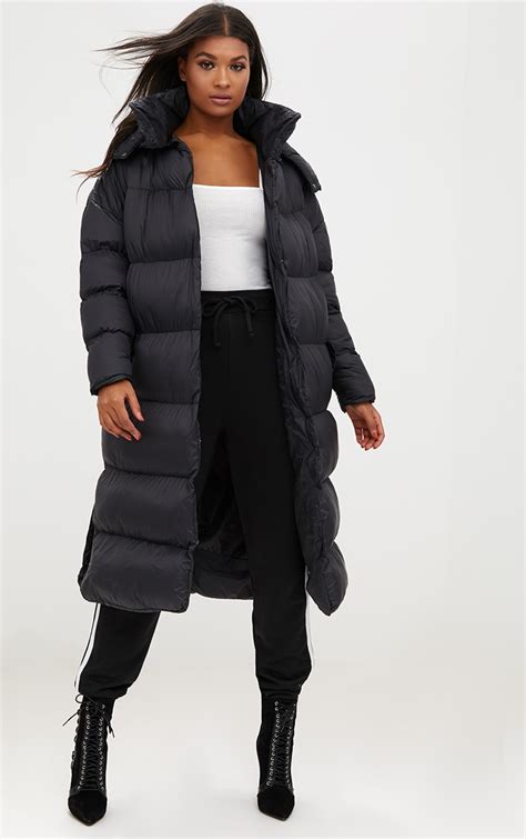 black oversized longline puffer jacket  hood prettylittlething usa