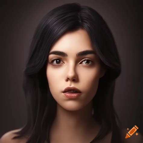 Close Up Portrait Of A Beautiful Young Woman With Black Hair And Brown
