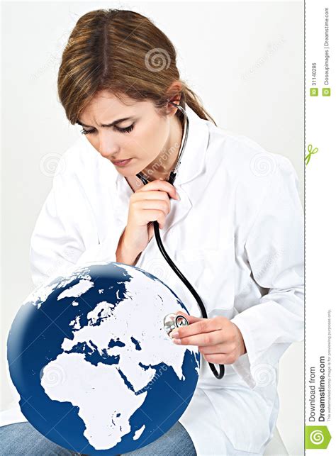 Doctor Woman Examine World Globe With Her Stethoscope Isolated O Stock
