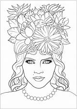 Coloring Pages Woman Fancy Beautiful Flowers Face Fantasy Hair Adult Adults Elf Stress Anti Flowered Gaze Hypnotic Comments sketch template