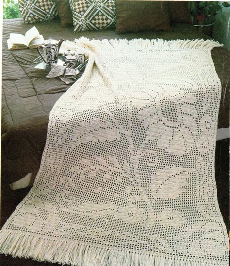 filet crochet flower  leaves fringe afghan crochet pattern