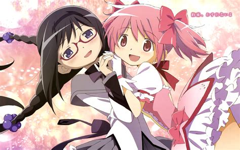 2girls akemi homura black hair braids dress glasses gloves headband