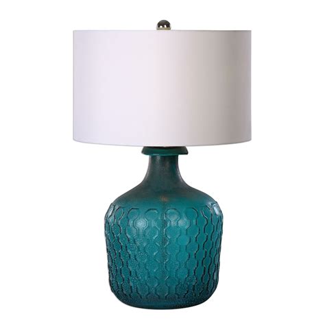 Laval Frosted Embossed Blue Glass Table Lamp With Round