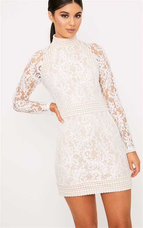 isobel white lace high neck bodycon dress prettylittlething usa