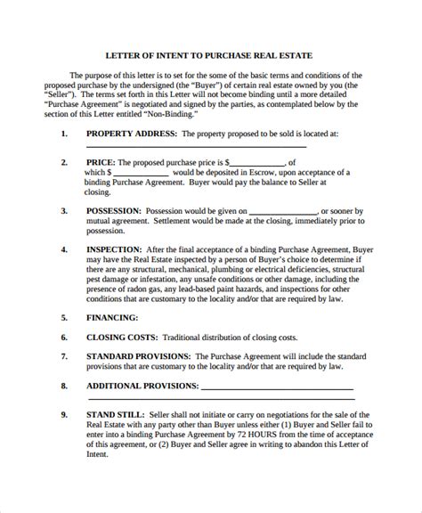 letter  intent  purchase real estate template business