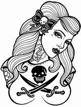 Girl Coloring Pages Pinup Rockabilly Pirate Tattoo Girls Tattoos Skull Designs Clipart Book Draw Drawing Outline Color Dead Face Clip sketch template