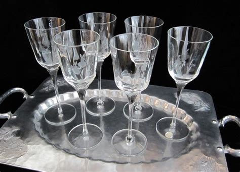 Romanian Etched Wine Glasses 6 Pc Goblet Set Crystal Optic