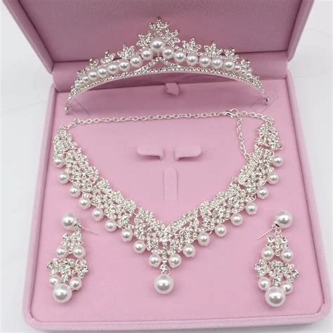 luxurious pearl wedding bridal jewelry sets tiara crowns necklace earrings  women decorations