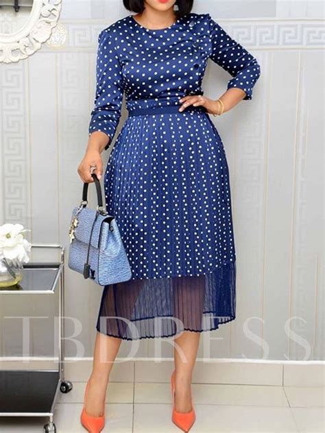 print round neck three quarter sleeve mid calf polka dots