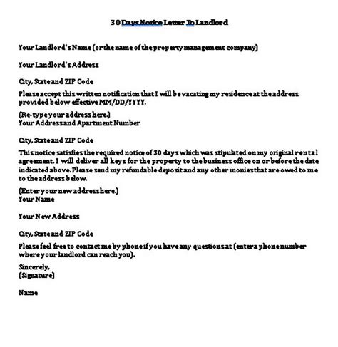 sample  days notice letter  landlord template mous syusa