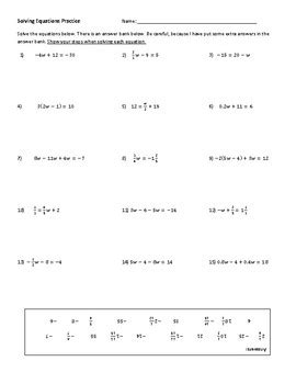solving equation practice  answer bank  summerville algebra