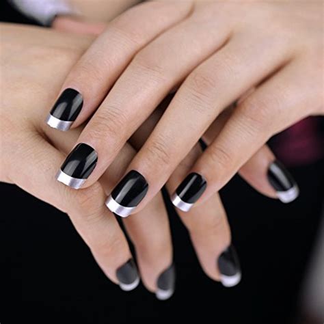 Bling Art False Nails French Manicure Black Silver Full Cover Medium
