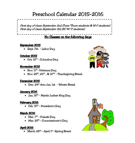 preschool calendar templates  samples examples format