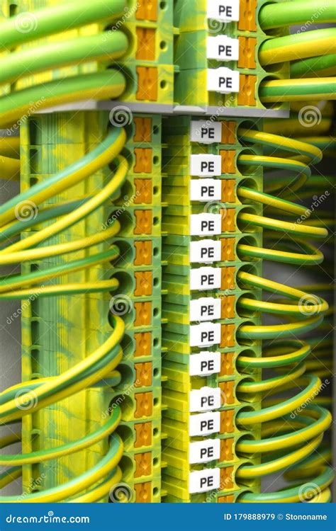 close  control panel assembly  wire  terminal box ground connectivity stock image