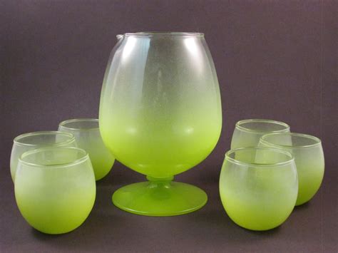 vintage blendo frosted lime green pitcher with pedestal base and six