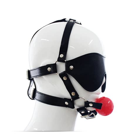 pu leather harness bondage open mouth gag red ball bite with fetish sex blindfold adult sex