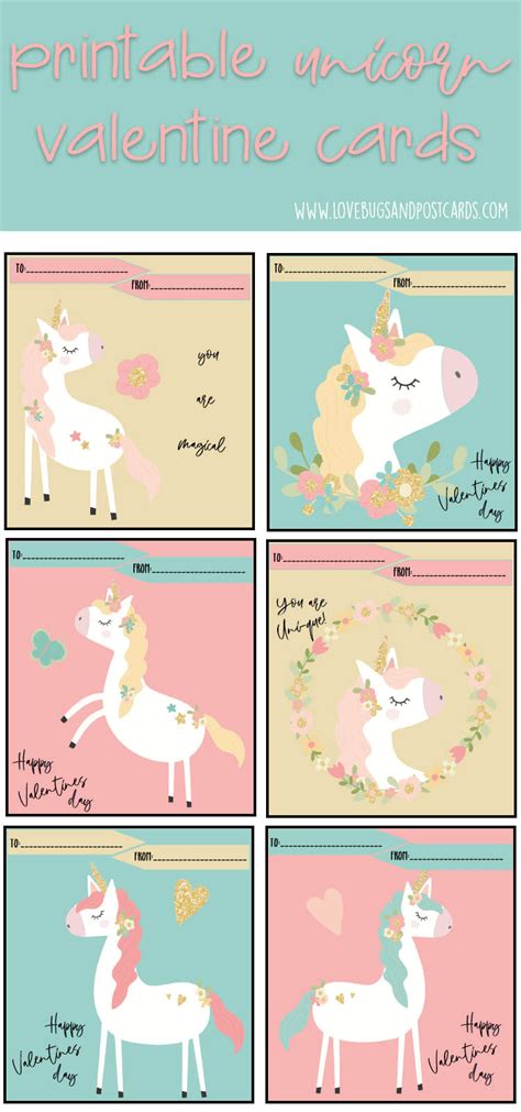 unicorn valentine cards printable  lovebugs  postcards