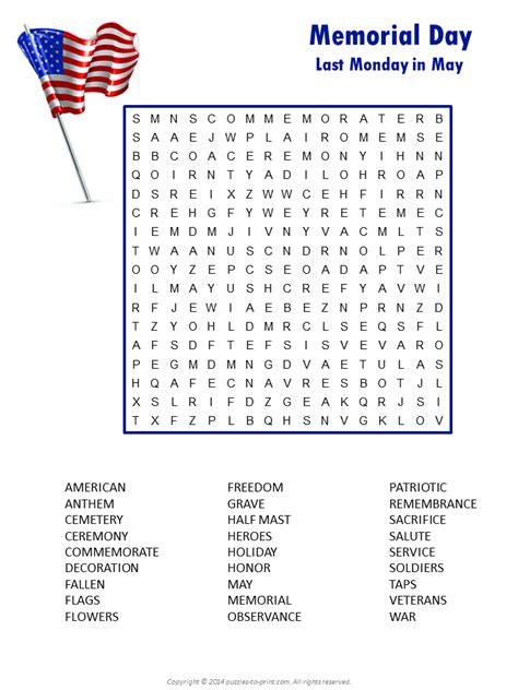 memorial day word search print    puzzle