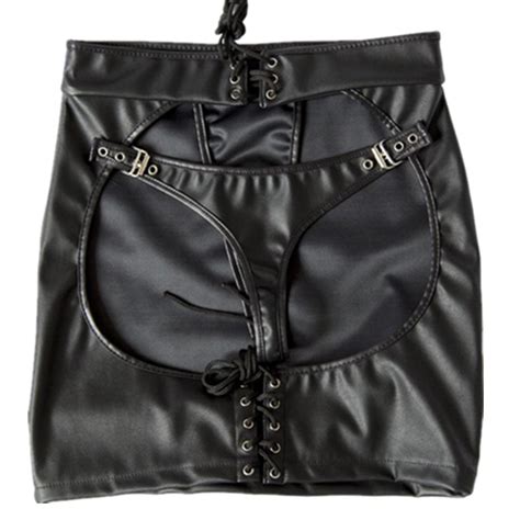 Black Faux Pu Leather Lace Up Open Bare Ass Hip Bondage Skirts Sexy