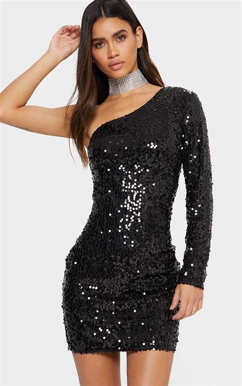 Black One Sleeve Sequin Bodycon Dress Prettylittlething Aus