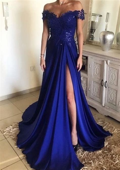 lace off the shoulder long royal blue prom dresses 2018