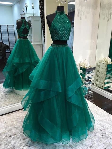 Sexy Two Pieces Emerald Green Open Back Evening Prom Dresses Cheap Cu