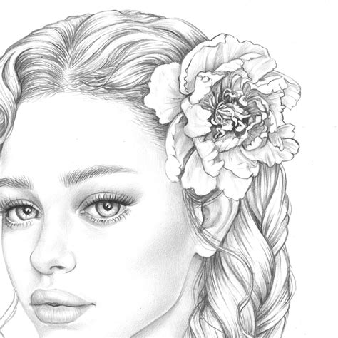 floral girl portrait coloring page   jpeg   etsy